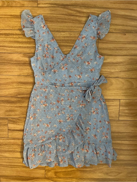 Dee Elly Dresses & Skirts - Anthropologie Blue Floral Ruffle Mini Dress - Sleeveless Wrap Style